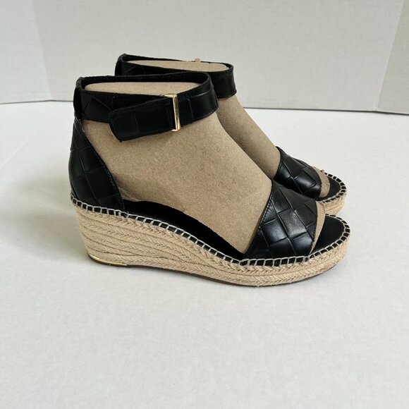 Size 11 Women's Black Leather Franco Sarto Clemens Wedge Espadrille Sandals - Picture 2 of 9